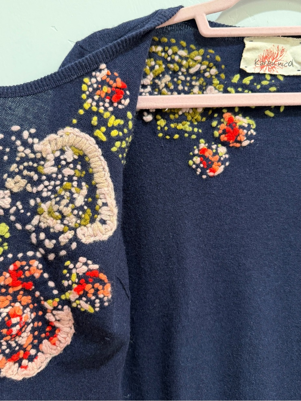 Anthropologie Anemone Bloom Embroidered Button Down Cardigan Blue Wool Twee Sz M - Picture 7 of 14